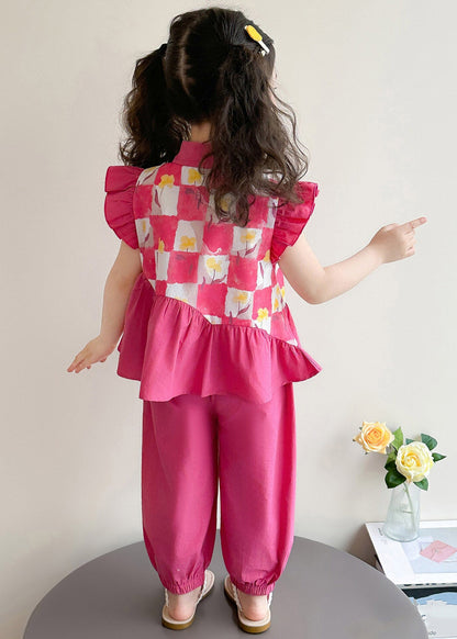 Red Wrinkled Patchwork Kids Vest and Lantern Pants Two Pieces Set Short Sleeve
