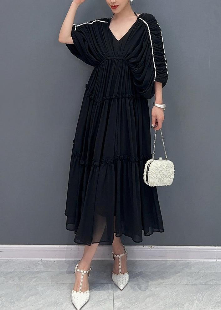 Rose Ruffled Wrinkled Chiffon Long Dresses Half Sleeve