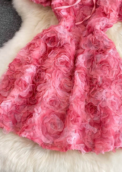 Rose Square Collar Tulle Mid Dress Puff Sleeve