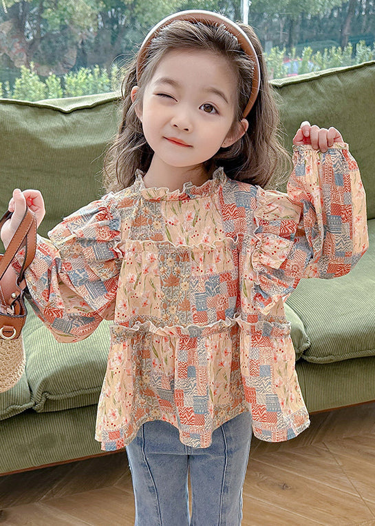 Ruffled Print Cotton Shirt Long Sleeve