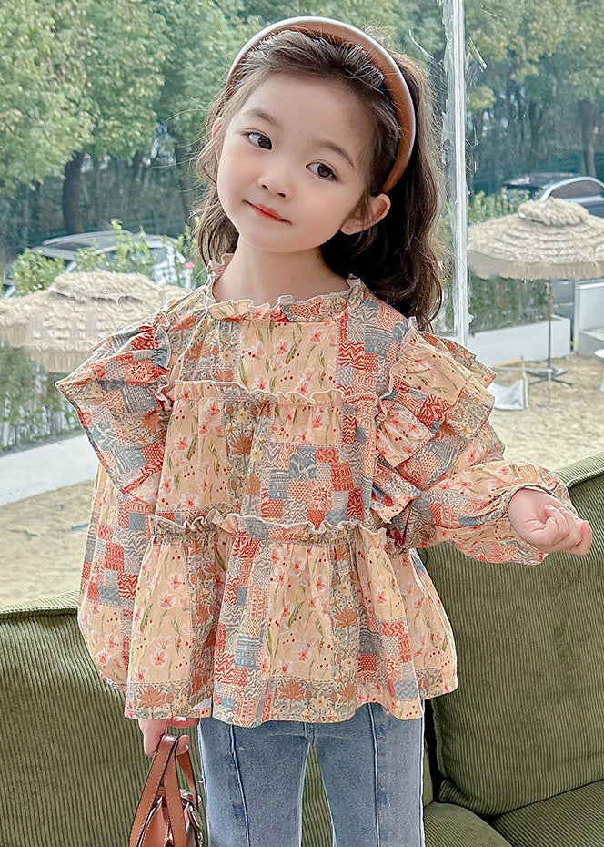 Ruffled Print Cotton Shirt Long Sleeve