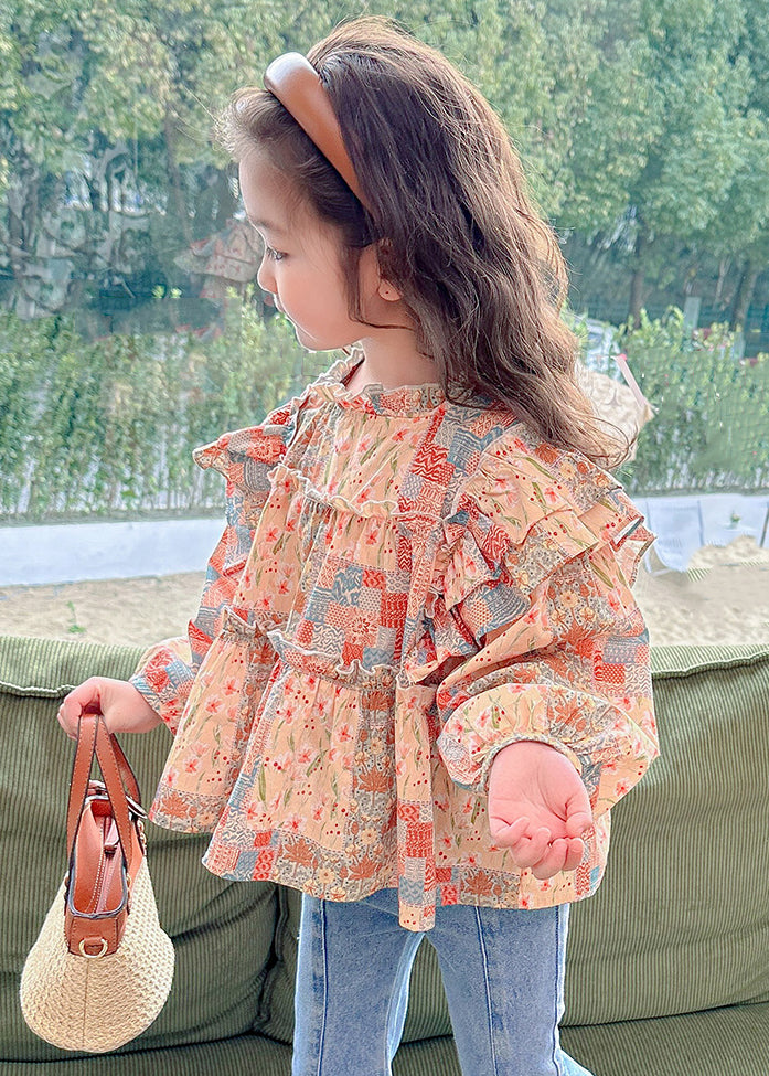Ruffled Print Cotton Shirt Long Sleeve