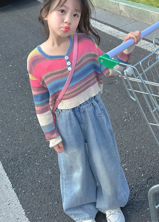 Striped O Neck Cotton Tops and Denim Pants Baby Two Pieces Set Fall