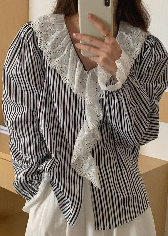 Striped Ruffled Patchwork Cotton Shirts Top Long Sleeve