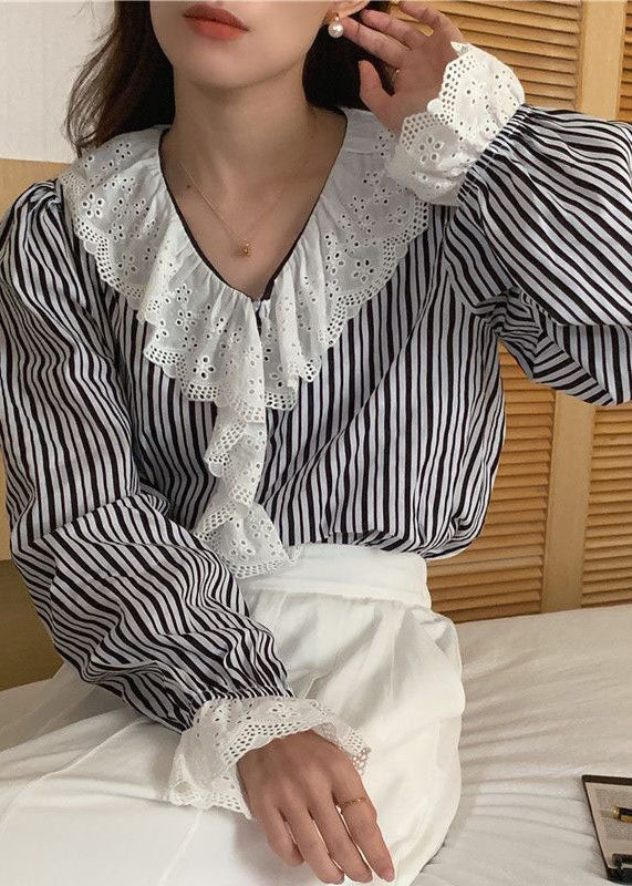 Striped Ruffled Patchwork Cotton Shirts Top Long Sleeve