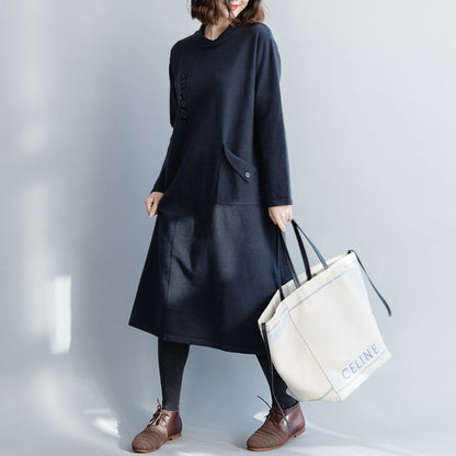 Sweater Knit Dress Pattern O Neck Pockets Navy Diy Knitwear