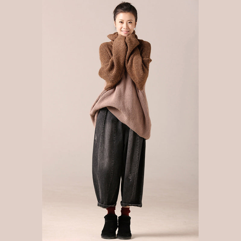 Sweater Weather High Neck Khaki Oversized Knitwear Patchwork