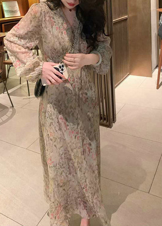 V Neck Print Tie Waist Chiffon Long Dress Long Sleeve