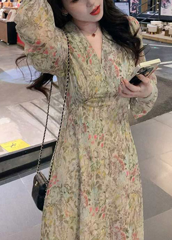 V Neck Print Tie Waist Chiffon Long Dress Long Sleeve