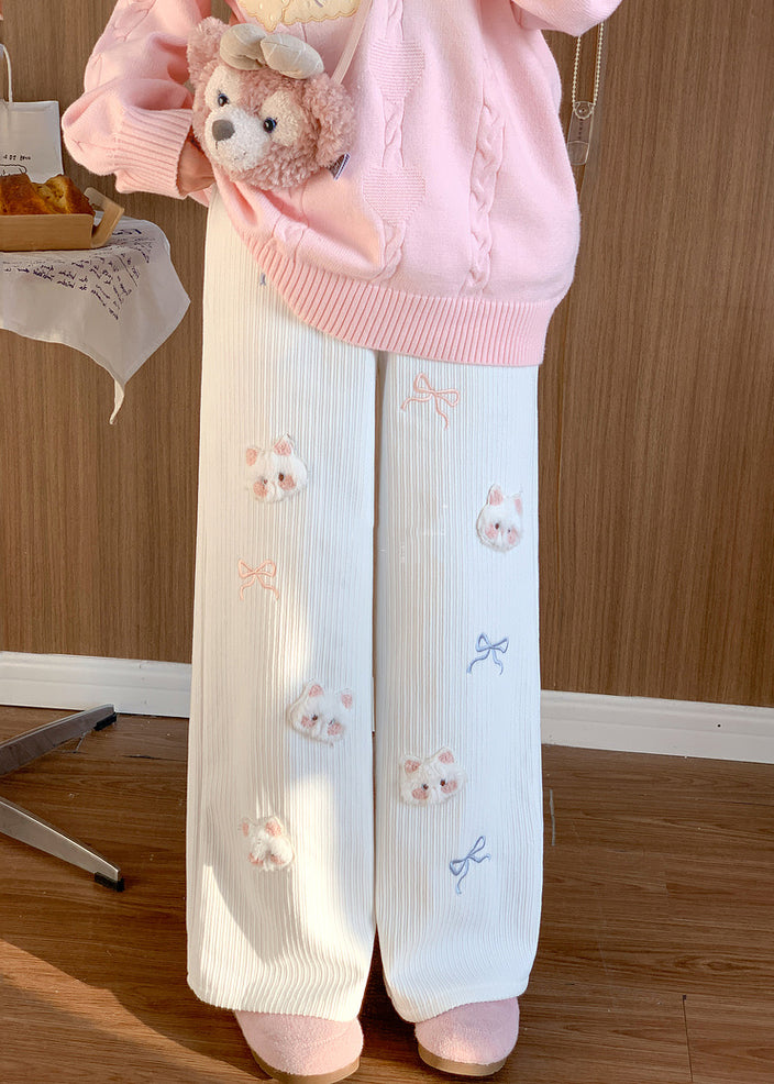 White Cat Decorated Embroidered Warm Fleece Pants Winter
