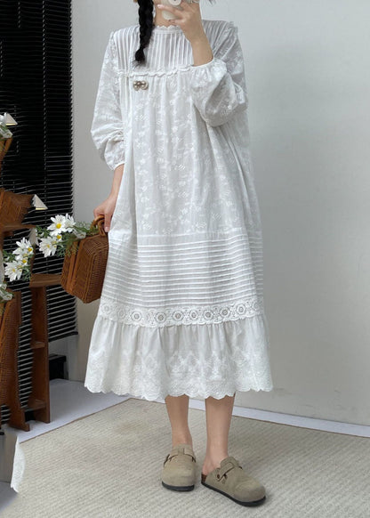 White Embroidered Ruffled Patchwork Wrinkled Cotton Maxi Dress Long Slee