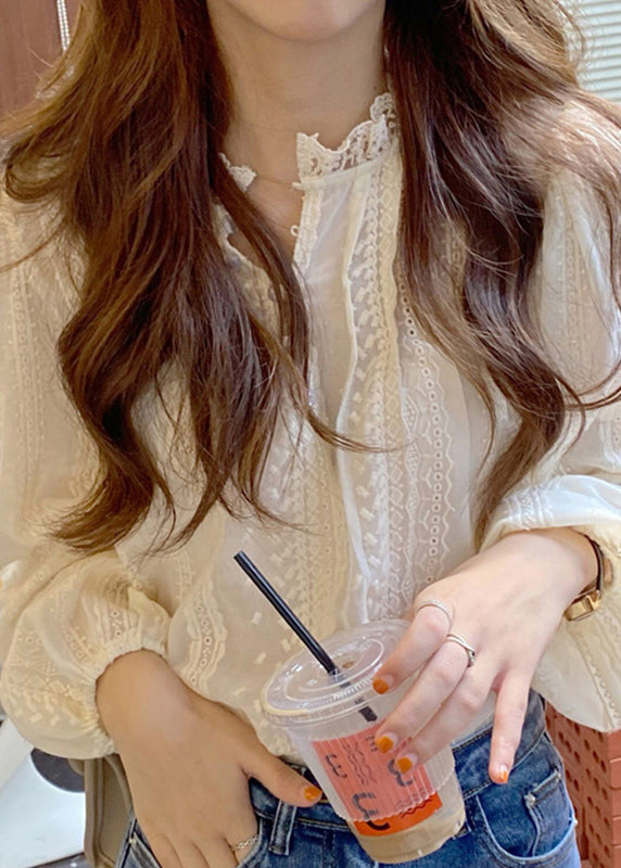 White O-neck Button Lace Shirts Spring