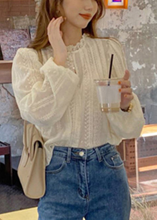 White O-neck Button Lace Shirts Spring