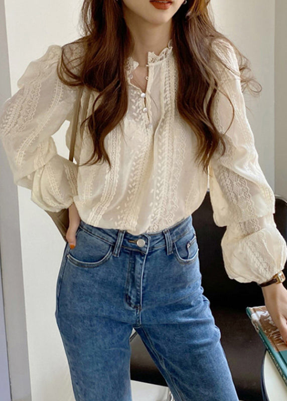 White O-neck Button Lace Shirts Spring