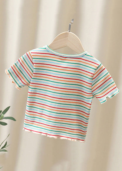 White O-neck Striped Knit Cotton Top Summer