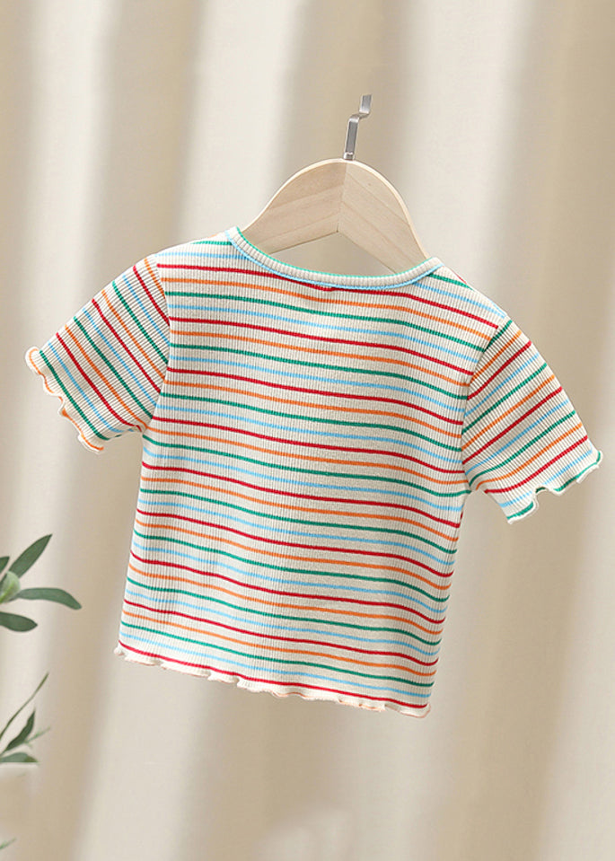 White O-neck Striped Knit Cotton Top Summer