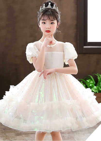 White Puff Sleeve Tulle Kids Dress Summer