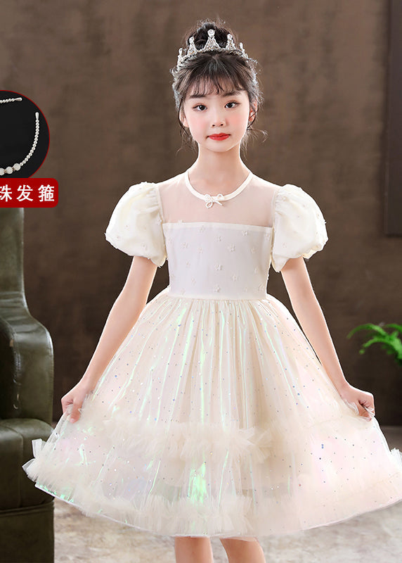 White Puff Sleeve Tulle Kids Dress Summer