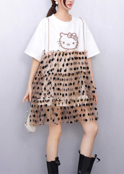 White Ruffled Dot Patchwork Cotton Mid Dress Summer