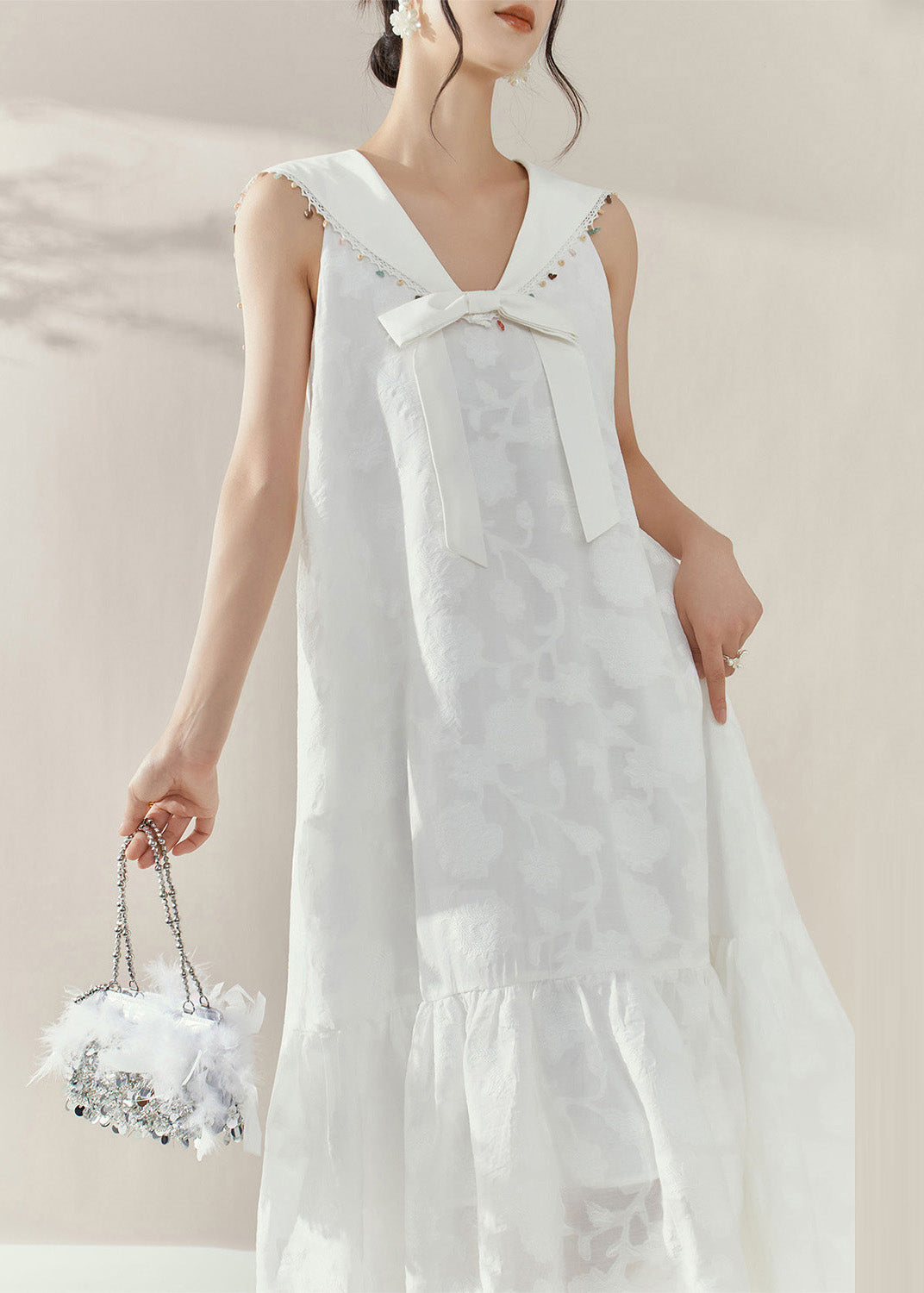 White Sailor Collar Patchwork Party Long Dress Sleeveless