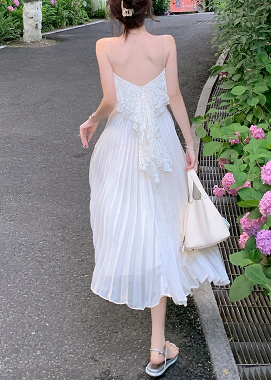 White Slash Neck Patchwork Lace Patchwork Long Dresses Sleeveless