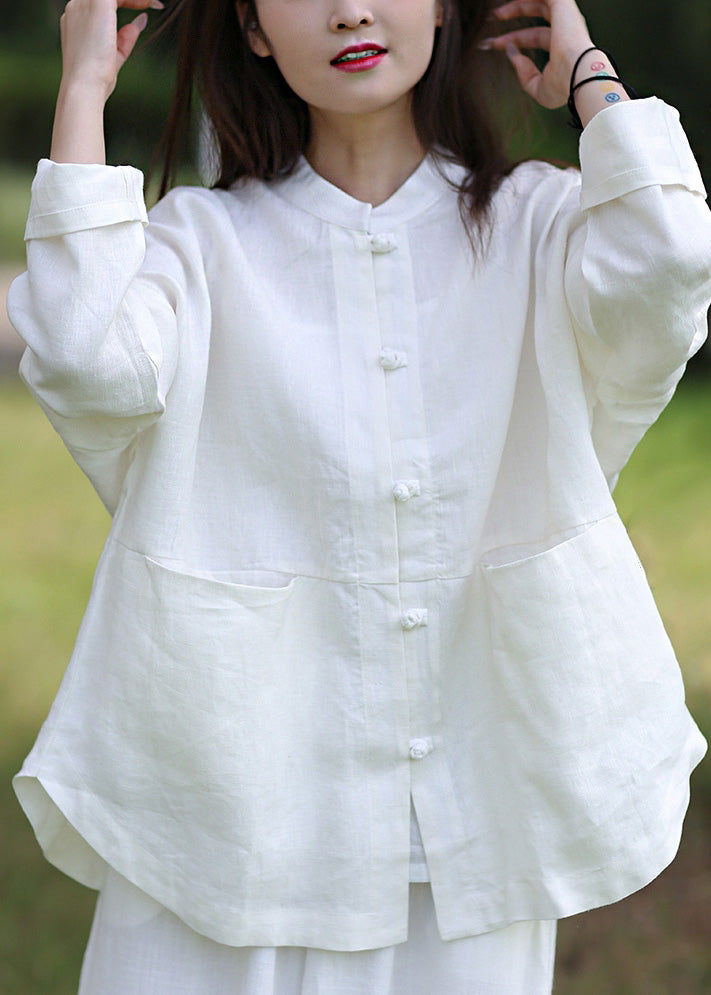 White Stand Collar Button Linen Coats Spring