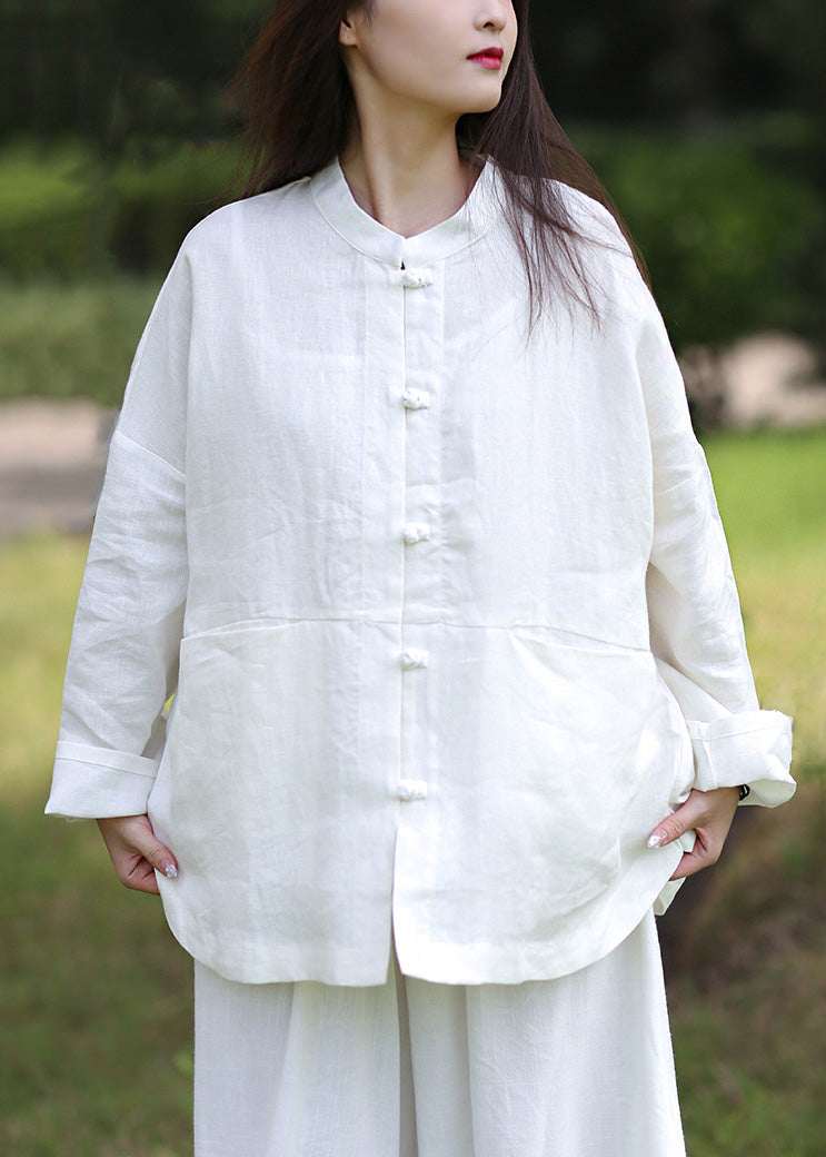 White Stand Collar Button Linen Coats Spring