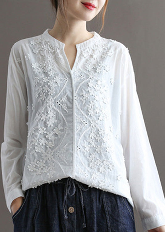 White V Neck Embroideried Cotton Top Spring