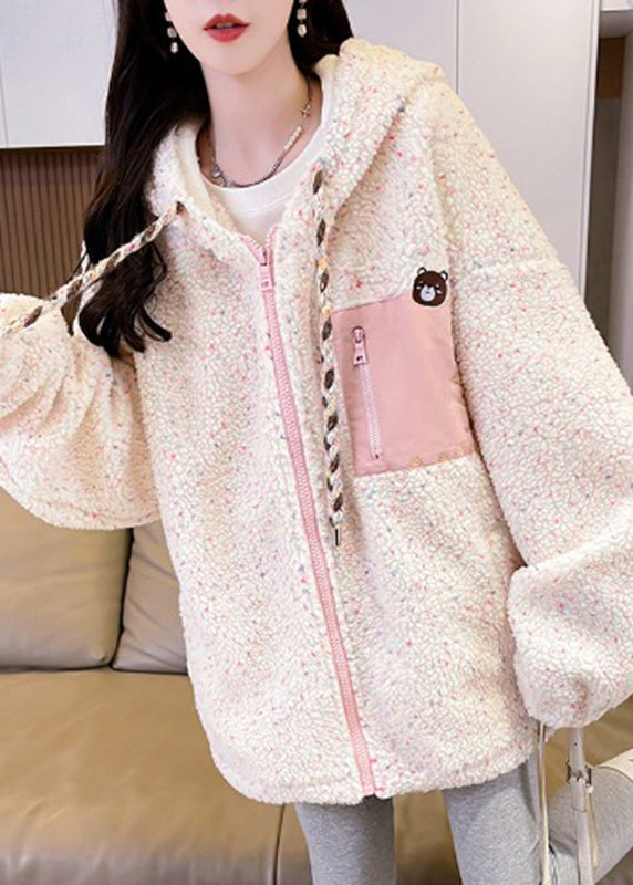 White Zippered Patchwork Pockets Warm Fleece Faux Fur Hooded Parkas Winter