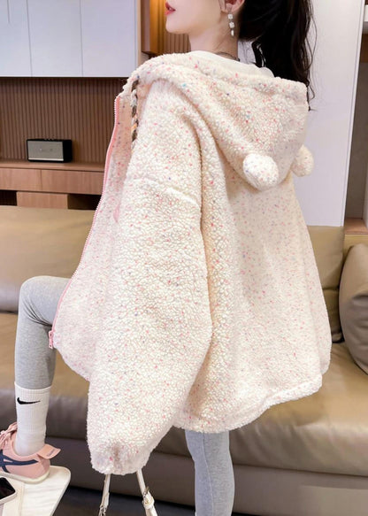 White Zippered Patchwork Pockets Warm Fleece Faux Fur Hooded Parkas Winter