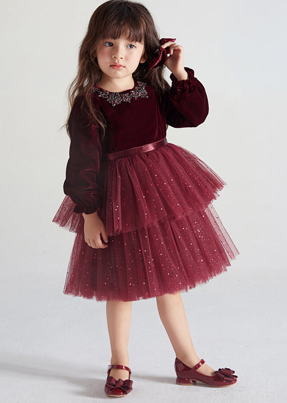 Wine Red Ruffled Tulle Patchwork Warm Fleece Kids Dress Fall