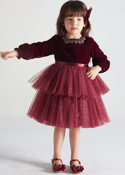 Wine Red Ruffled Tulle Patchwork Warm Fleece Kids Dress Fall