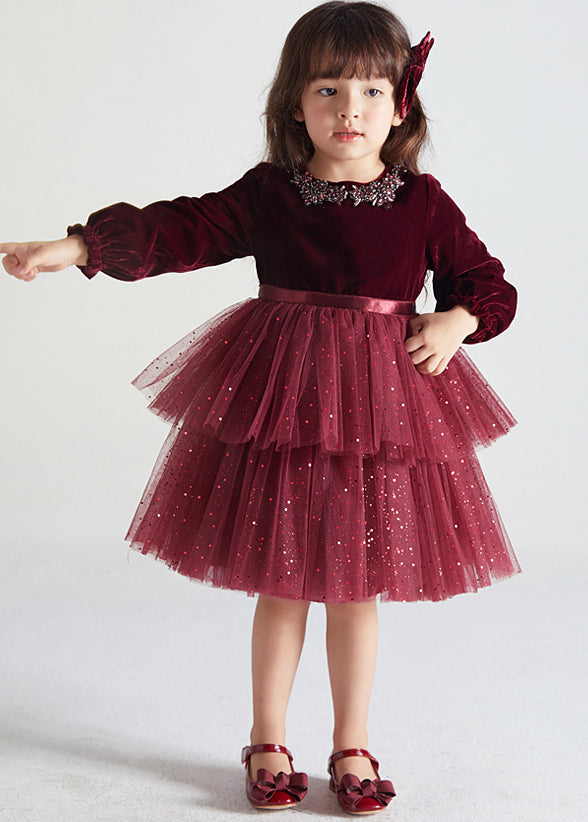 Wine Red Ruffled Tulle Patchwork Warm Fleece Kids Dress Fall