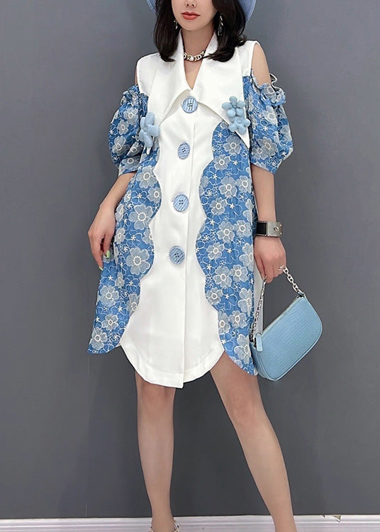 Blue Peter Pan Collar Print Button Shirts Mid Dress Sleeve
