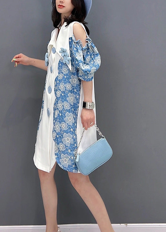 Blue Peter Pan Collar Print Button Shirts Mid Dress Sleeve