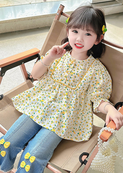 Yellow O-neck Print Cotton Top Half Sleeve
