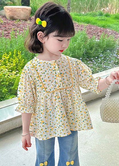 Yellow O-neck Print Cotton Top Half Sleeve