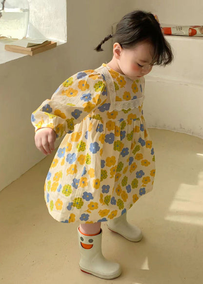 Yellow O Neck Print Cotton Kids Robe Dresses Fall