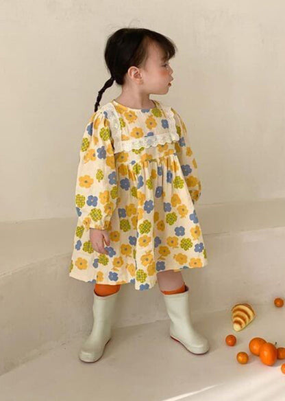 Yellow O Neck Print Cotton Kids Robe Dresses Fall