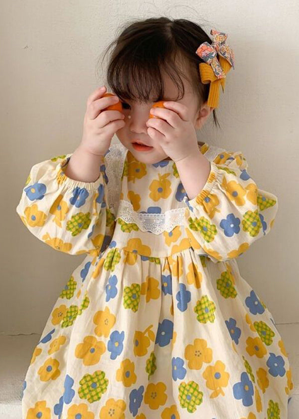Yellow O Neck Print Cotton Kids Robe Dresses Fall