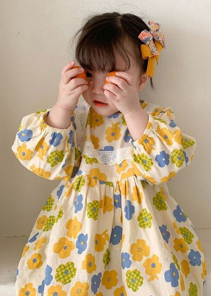 Yellow O Neck Print Cotton Kids Robe Dresses Fall