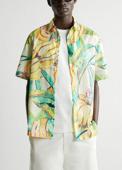 Yellow Peter Pan Collar Print Shirts Short Sleeve