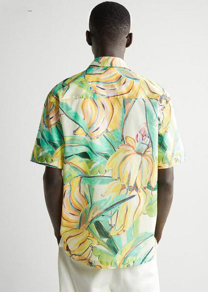 Yellow Peter Pan Collar Print Shirts Short Sleeve
