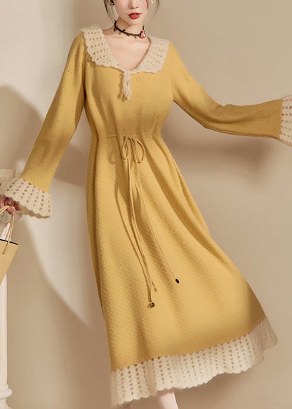 Yellow Peter Pan Collar Tie Waist Hollow Out Long Dress Spring
