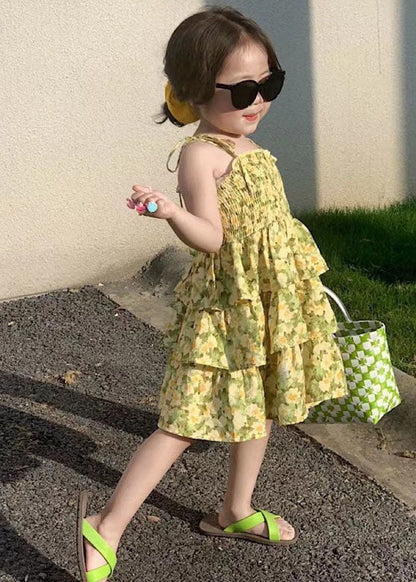 Yellow Print Wrinkled Patchwork Chiffon Baby Sundress Summer