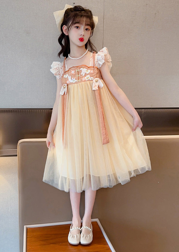 Yellow Slash Neck Embroideried Patchwork Tulle Kids Long Dress Summer