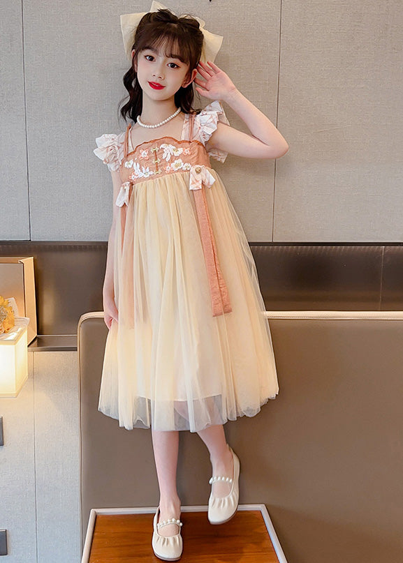 Yellow Slash Neck Embroideried Patchwork Tulle Kids Long Dress Summer