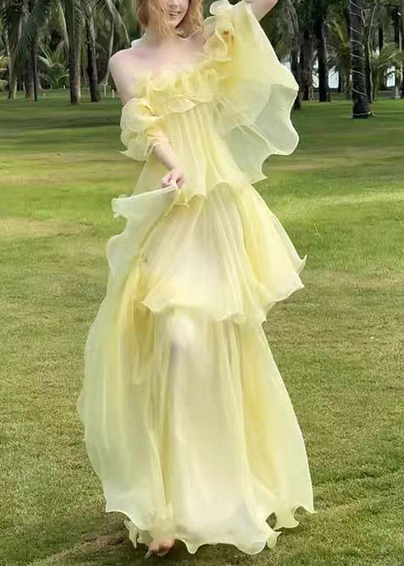 Yellow Slash Neck Ruffled Patchwork Tulle Maxi Dress Sleeveless