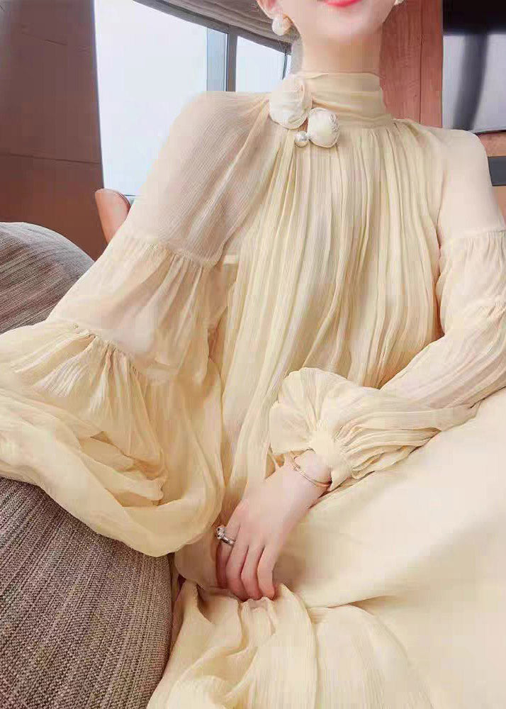 Yellow Wrinkled Patchwork Chiffon Long Dress Lantern Sleeve