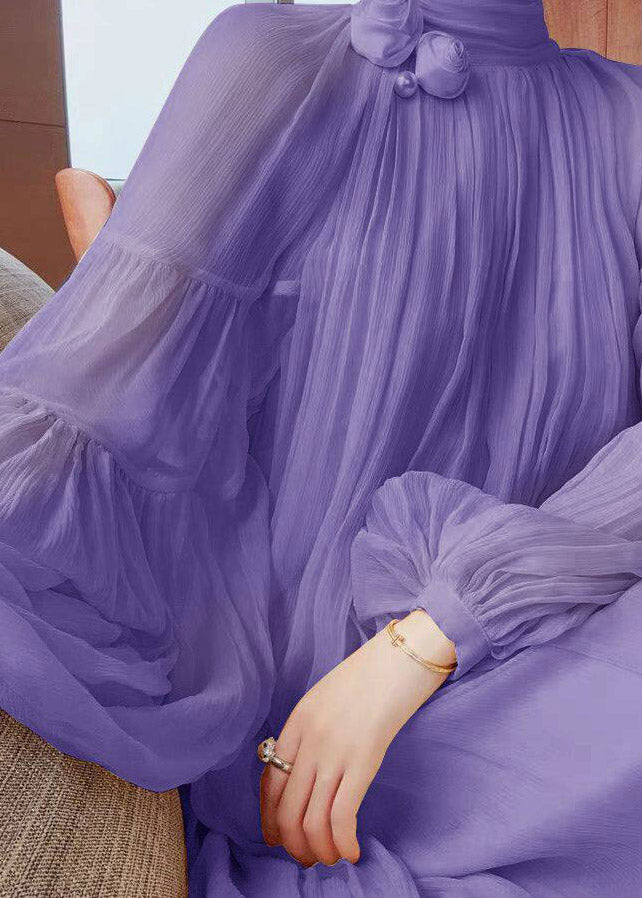 Yellow Wrinkled Patchwork Chiffon Long Dress Lantern Sleeve